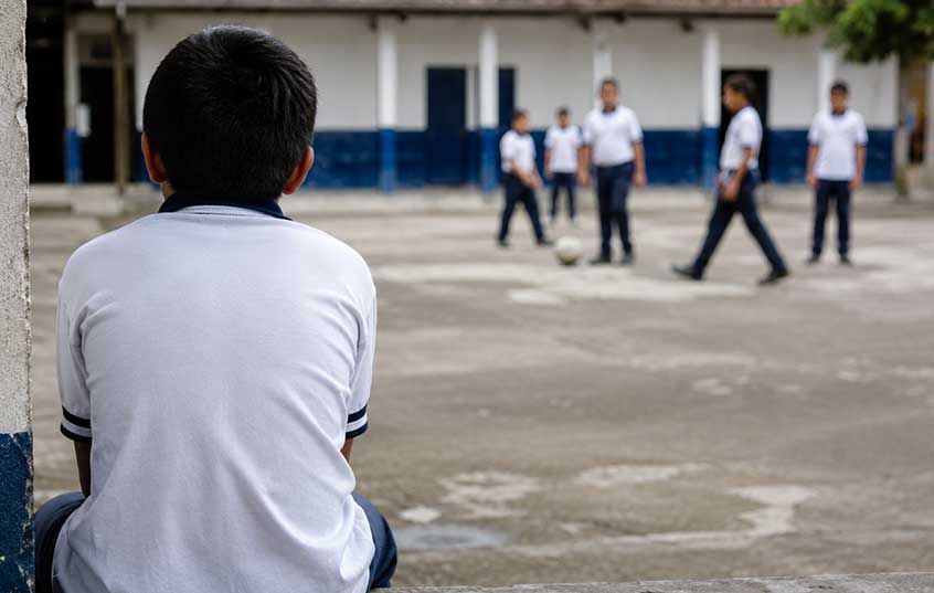niño con ansiedad social aislado en el recreo